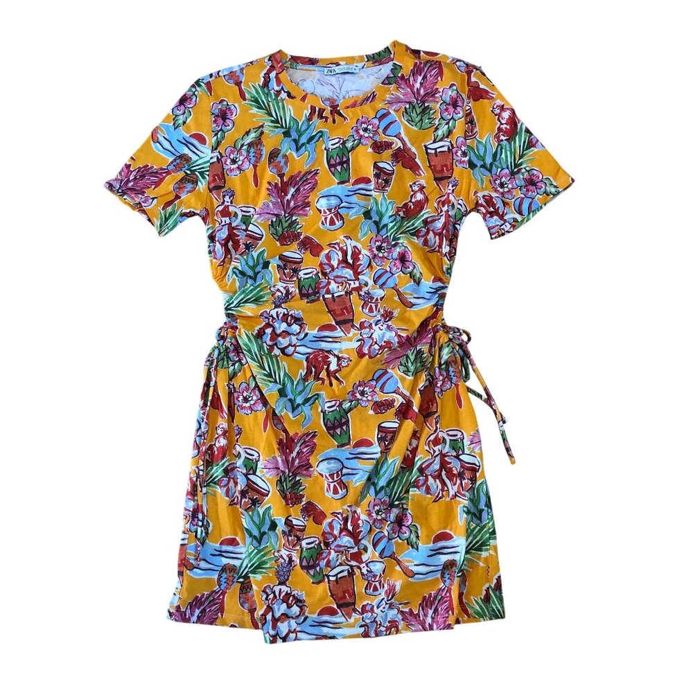 Zara Dress Womens Size Lg Tropical Floral Short Sleeve Wrap Dress 100% Cotton